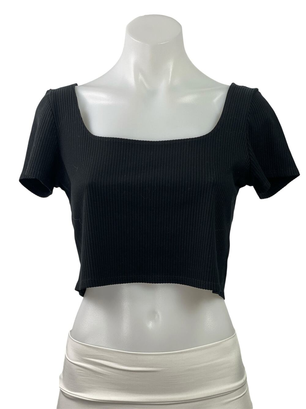 Reformation Women's Black Ribbed Knit Square Neck Short Sleeve Crop Top Size L